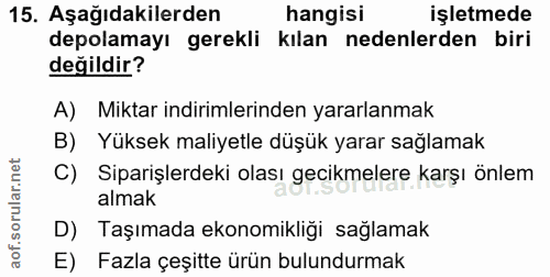 15. soru: Aşağıdakilerden hangisi işletmede depolamayı gerekli kılan nedenlerden biri değildir? A) Miktar indirimlerinden yarar…
