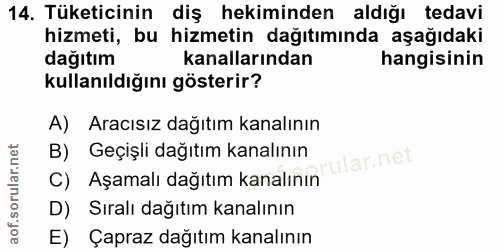 14. soru: Tüketicinin diş hekiminden aldığı tedavi hizmeti, bu hizmetin dağıtımında aşağıdaki dağıtım kanallarından hangisinin…