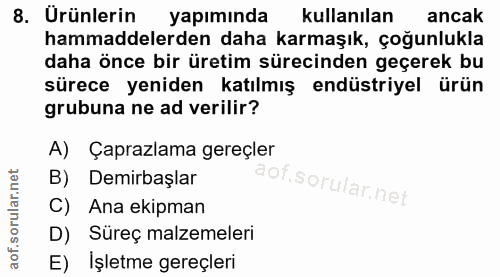 8. soru: Urünlerin yapımında kullanılan ancak hammaddelerden daha karmaşık, çoğunlukla daha önce bir üretim sürecinden geçerek…