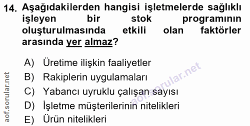 14. soru: Aşağıdakilerden hangisi işletmelerde sağlıklı işleyen bir stok programinın oluşturulmasında etkili olan faktörler ara…