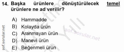 14. soru: Başka ürünlere dönüştürülecek temel ürünlere ne ad verilir? A) Hammadde B) Kolayda ürün C) Aranmayan ürün D) Manevi ü…