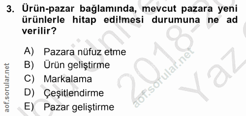 3. soru: Urün-pazar bağlamında, mevcut pazara yeni ürünlerle hitap edilmesi durumuna ne ad verilir? A) Pazara nüfuz etme B) Ür…