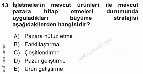 13. soru: İşletmelerin mevcut ürünleri ile mevcut pazara hitap etmeleri durumunda uyguladıkları büyüme stratejisi aşağıdakilerd…