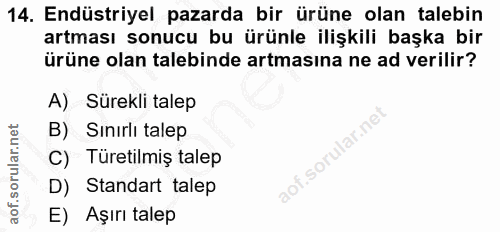 14. soru: Endüstriyel pazarda bir ürüne olan talebin artması sonucu bu ürünle ilişkili başka bir ürüne olan talebinde artmasına…