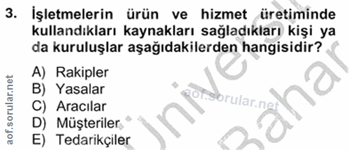 3. soru: İşletmelerin ürün ve hizmet üretiminde kullandıkları kaynakları sağladıkları kişi ya da kuruluşlar aşağıdakilerden ha…