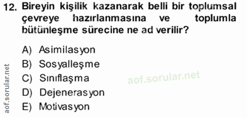 12. soru: Bireyin kişilik kazanarak belli bir toplumsal çevreye hazırlanmasına ve toplumla bütünleşme sürecine ne ad verilir? A…