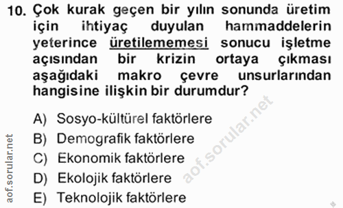 10. soru: Çok kurak geçen bir yılın sonunda üretim için ihtiyaç duyulan hammaddelerin yeterince üretilememesi sonucu işletme aç…