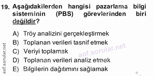 19. soru: Aşağıdakilerden hangisi pazarlama bilgi sisteminin (PBS) görevlerinden biri değildir? A) Tröy analizini gerçekleştirm…