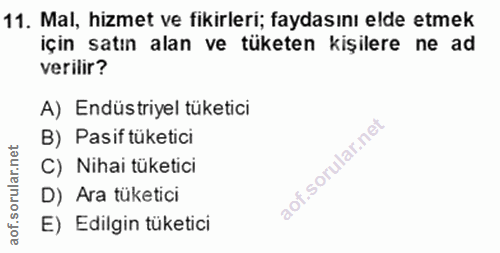 11. soru: Mal, hizmet ve fikirleri; faydasını elde etmek için satın alan ve tüketen kişilere ne ad verilir? A) Endüstriyel tüke…