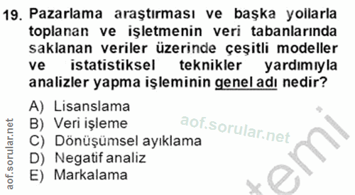 19. soru: Pazarlama araştırması ve başka yollarla toplanan ve işletmenin veri tabanlarında saklanan veriler üzerinde çeşitli mo…