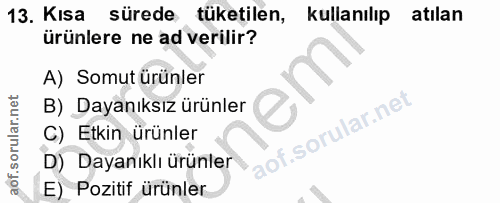 13. soru: Kısa sürede , tüketilen, kullanılıp atılan ürünlere ne ad verilir? A) Somut ürünler B) Dayanıksız ürünler C) Etkin ür…