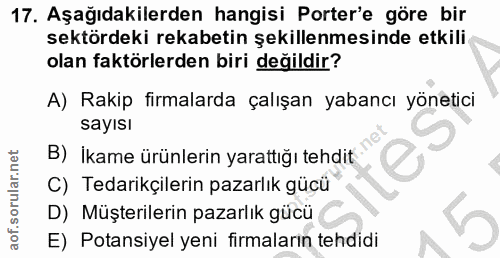 17. soru: Aşağıdakilerden hangisi Porter'e göre bir sektördeki rekabetin şekillenmesinde etkili olan faktörlerden biri değildir…