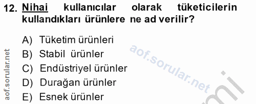 12. soru: Nihai kullanıcılar olarak tüketicilerin kullandıkları ürünlere ne ad verilir? A) Tüketim ürünleri B) Stabil ürünler C…