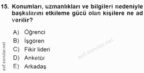 15. soru: Konumları, uzmanlıkları ve bilgileri nedeniyle başkalarını etkileme gücü olan kişilere ne ad verilir? A) Öğrenci B) İ…