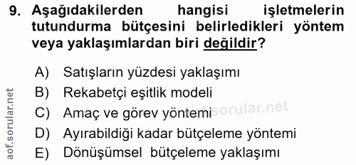9. soru: Aşağıdakilerden hangisi işletmelerin tutundurma bütçesini belirledikleri yöntem veya yaklaşımlardan biri değildir? A)…