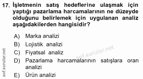 17. soru: İşletmenin satış hedeflerine ulaşmak için yaptığı pazarlama harcamalarının ne düzeyde olduğunu belirlemek için uygula…
