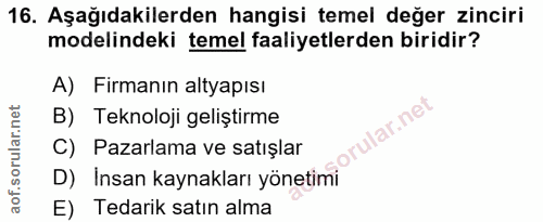 16. soru: Aşağıdakilerden hangisi temel değer zinciri modelindeki temel faaliyetlerden biridir? A) Firmanın altyapısı B) Teknol…