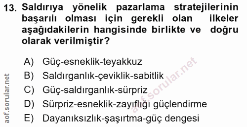 13. soru: Saldırıya yönelik pazarlama stratejilerinin başarılı olması için gerekli olan ilkeler aşağıdakilerin hangisinde birli…