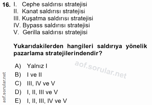 16. soru: I. Cephe saldırısı stratejisi II. Kanat saldırısı stratejisi III. Kuşatma saldırısı stratejisi IV. Bypass saldırısı s…