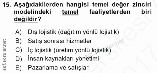 15. soru: Aşağıdakilerden hangisi temel değer zinciri modelindeki temel faaliyetlerden biri değildir? A) Dış lojistik (dağıtım…
