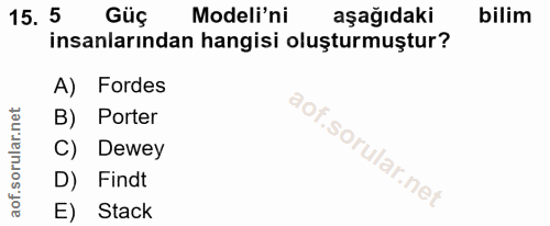 15. soru: 5 Güç Modeli'ni aşağıdaki bilim insanlarından hangisi oluşturmuştur? A) Fordes B) Porter C) Dewey D) Findt E) Stack