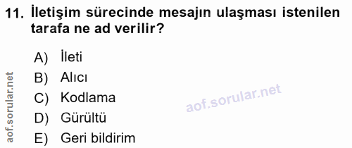 11. soru: İletişim sürecinde mesajın ulaşması istenilen tarafa ne ad verilir? A) lleti net B) Alicı lar. C) Kodlama D) Gürültü…