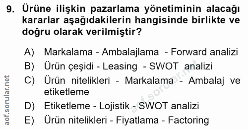 9. soru: Urüne ilişkin pazarlama yönetiminin alacağı kararlar aşağıdakilerin hangisinde birlikte ve doğru olarak verilmiştir?…