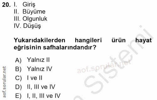 20. soru: l. Giris II. Büyüme IlI. Olgunluk IV. Düşüş Yukarıdakilerden hangileri ürün hayat eğrisinin safhalarındandır? A) Yaln…
