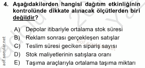 4. soru: Aşağıdakilerden hangisi dağıtım etkinliğinin kontrolünde dikkate alınacak ölçütlerden biri değildir? A) Depolar itiba…