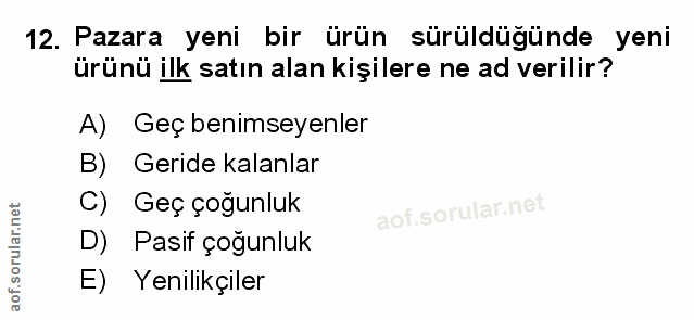 12. soru: Pazara yeni bir ürün sürüldüğünde yeni ürünü ilk satın alan kişilere ne ad verilir? A) Geç benimseyenler B) Geride ka…