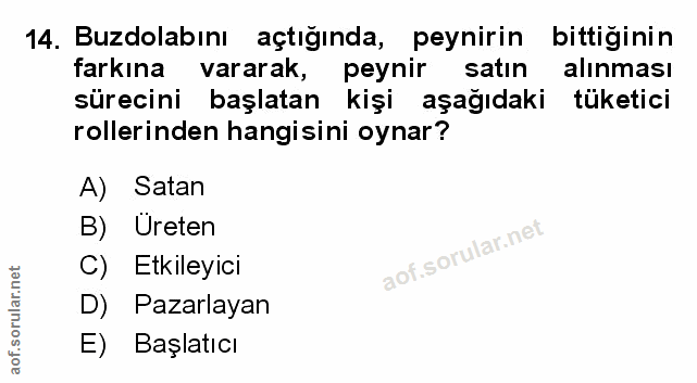 14. soru: Buzdolabını açtığında, peynirin bittiğinin farkına vararak, peynir satın alinması sürecini başlatan kişi aşağıdaki tü…