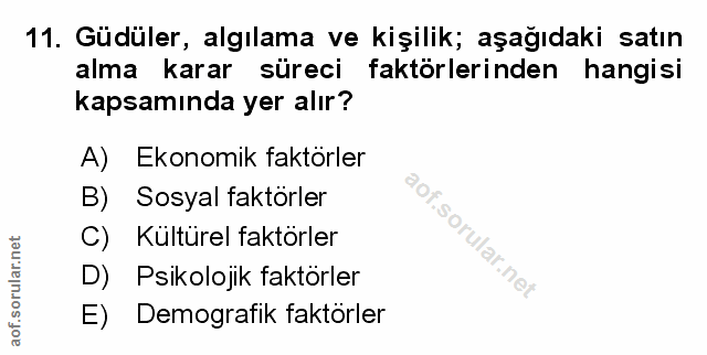 11. soru: Güdüler, algılama ve kişilik; aşağıdaki satın alma karar süreci faktörlerinden hangisi kapsamında yer alır? A) Ekonom…