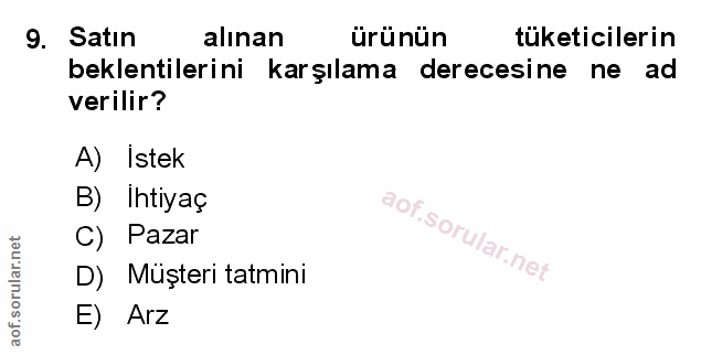 9. soru: Satın alınan ürünün tüketicilerin beklentilerini karşılama derecesine ne ad verilir? A) Istek B) ihtiyaç C) Pazar D)…