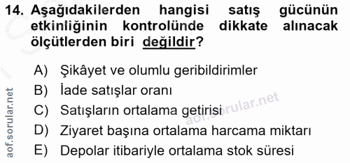 14. soru: Aşağıdakilerden hangisi satış gücünün etkinliğinin kontrolünde dikkate alınacak ölçütlerden biri değildir? A) Şikâyet…