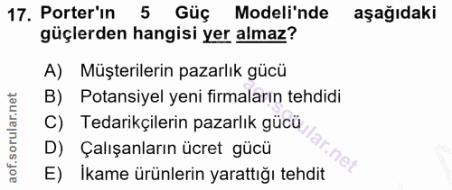 17. soru: Porter'in 5 Güç Modeli'nde aşağıdaki güçlerden hangisi yer almaz? A) Müşterilerin pazarlık gücü B) Potansiyel yeni fi…