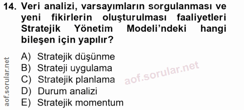14. soru: Veri analizi, varsayımların sorgulanması ve yeni fikirlerin oluşturulması faaliyetleri Stratejik Yönetim Modeli'ndeki…