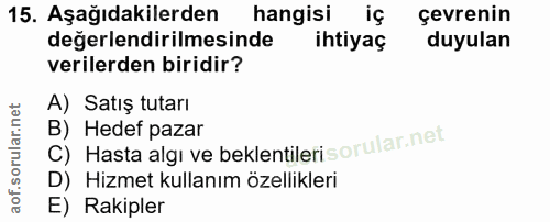 15. soru: Aşağıdakilerden hangisi çevrenin değerlendirilmesinde ihtiyaç duyulan verilerden biridir? A) Satış tutarı C) Hasta al…