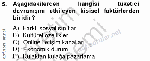 5. soru: Aşağıdakilerden hangisi tüketici davranışını etkileyen kişisel faktörlerden biridir? A) Farklı sosyal sınıflar B) Kül…