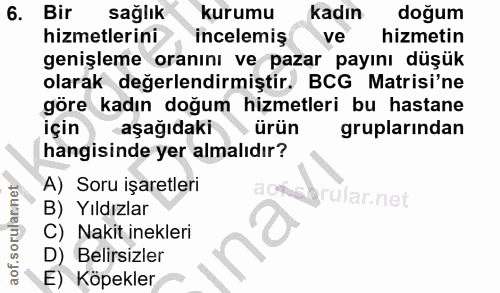 6. soru: Bir sağlık kurumu kadın doğum hizmetlerini incelemiş ve hizmetin genişleme oranını ve pazar payını düşük olarak değer…