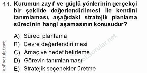 11. soru: Kurumun zayıf ve güçlü yönlerinin gerçekçi bir şekilde değerlendirilmesi ile kendini tanımlaması, aşağıdaki stratejik…