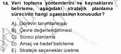 14. soru: Veri toplama yöntemlerini ve kaynaklarını belirleme, aşağıdaki stratejik planlama sürecinin hangi aşamasının konusudu…