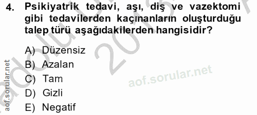 4. soru: Psikiyatrik tedavi, aşı, diş ve vazektomi gibi tedavilerden kaçınanların oluşturduğu talep türü aşağıdakilerden hangi…