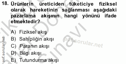 18. soru: Ürünlerin üreticiden tüketiciye fiziksel olarak hareketinin sağlanması aşağıdaki pazarlama akışının hangi yönünü ifad…