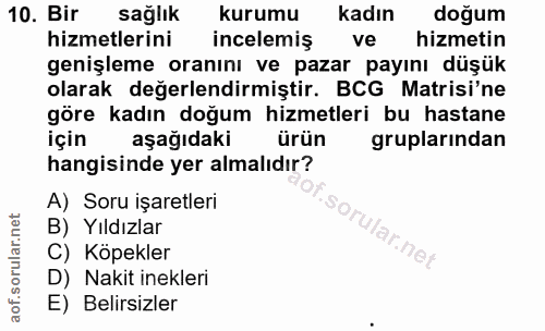 10. soru: Bir sağlık kurumu kadın doğum hizmetlerini incelemiş ve hizmetin genişleme oranını ve pazar payını düşük olarak değer…