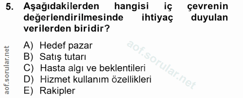 5. soru: Aşağıdakilerden hangisi iç çevrenin değerlendirilmesinde ihtiyaç duyulan verilerden biridir? A) Hedef pazar B) Satış…