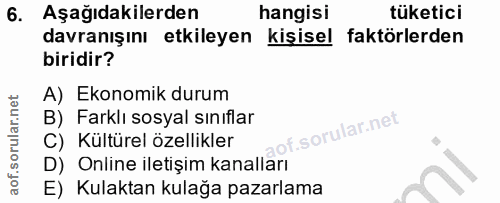6. soru: Aşağıdakilerden hangisi tüketici davranışını etkileyen kişisel faktörlerden biridir? A) Ekonomik durum B) Farklı sosy…