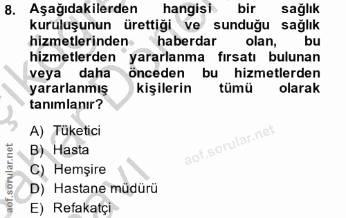 8. soru: Aşağıdakilerden hangisi bir sağlık kuruluşunun ürettiği ve sunduğu sağlık hizmetlerinden haberdar olan, bu hizmetlerd…