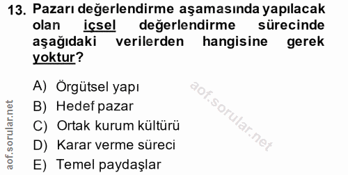 13. soru: Pazarı değerlendirme aşamasında yapılacak olan içsel değerlendirme sürecinde aşağıdaki verilerden hangisine gerek yok…