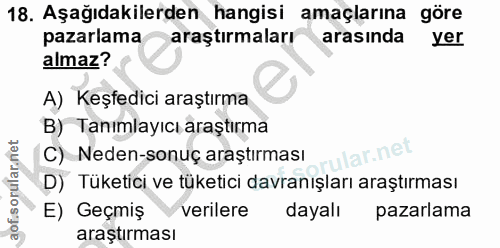 18. soru: Aşağıdakilerden hangisi amaçlarına göre pazarlama araştırmaları arasında yer almaz? A) Keşfedici araştırma B) Tanımla…