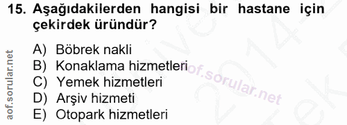 15. soru: Aşağıdakilerden hangisi bir hastane için çekirdek üründür? A) Böbrek nakli C) Yemek hizmetleri B) Konaklama hizmetler…